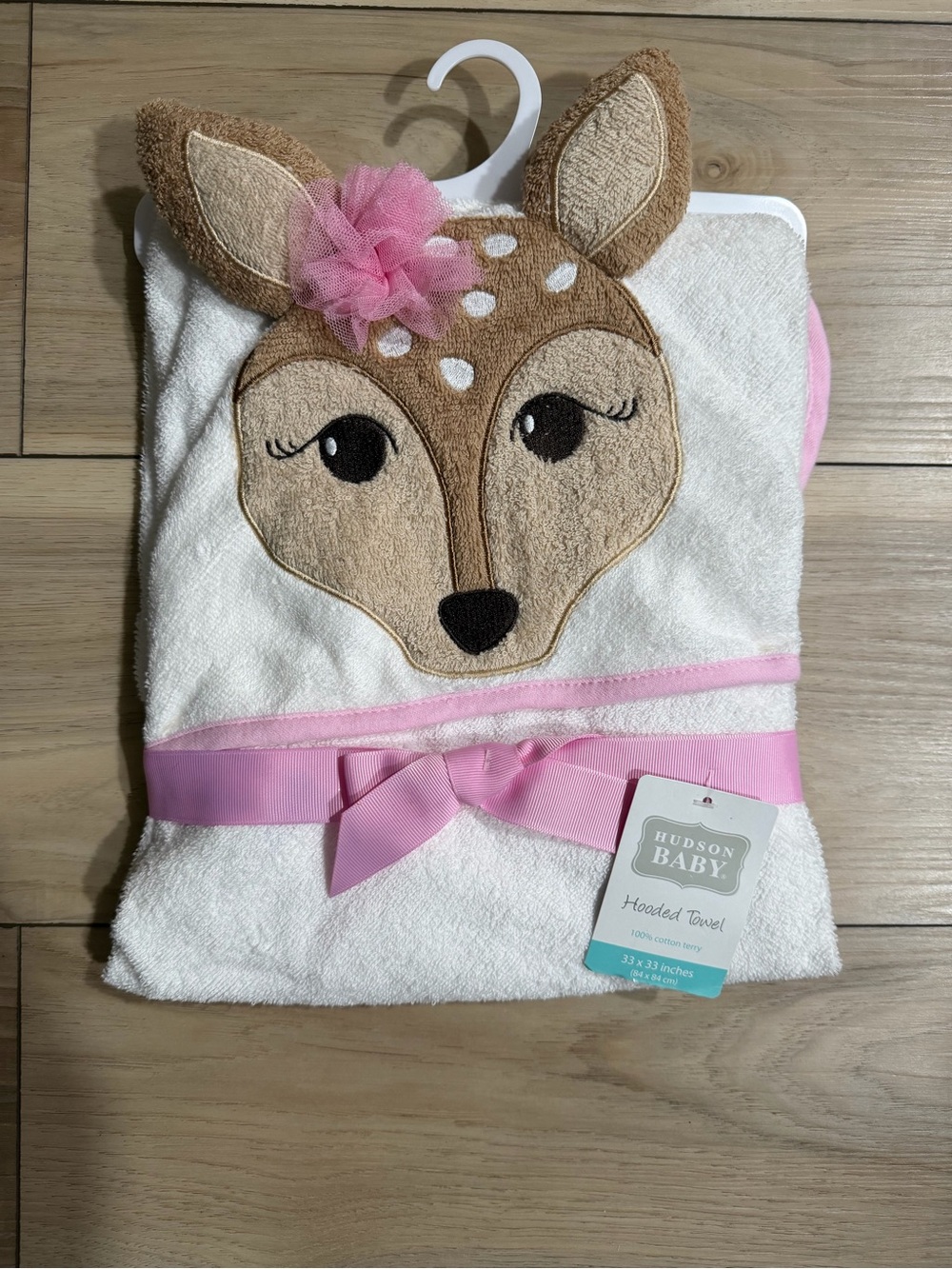 Hudson Baby Cream & Pink Fawn Hooded Towel with Bow